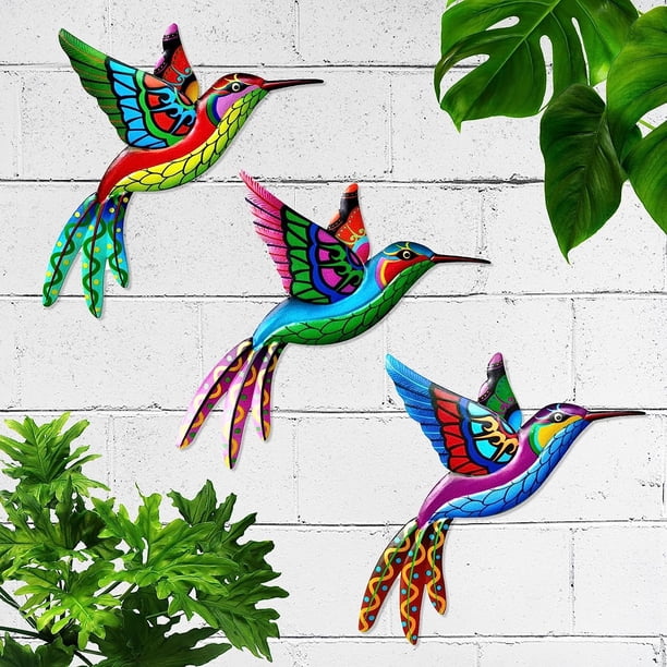 Decoración de pared de colibrí de Metal, Juego de 3 decoración de pared de colibrí de Metal, escultura de hierro forjado 3D para sala de estar, jardín, césped, Cl