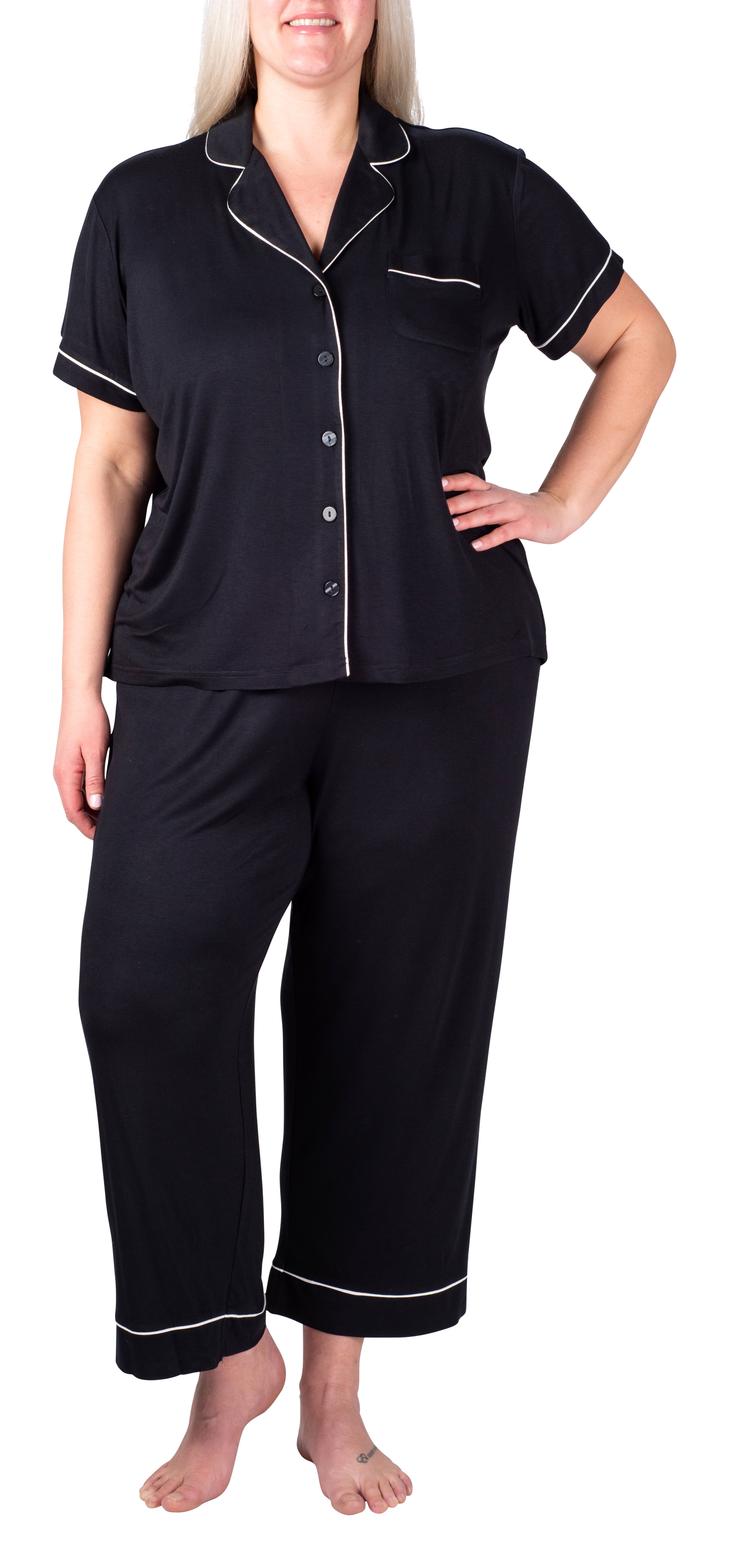BLIS Pajamas Notch Collar Button Up Top with Matching Capris Polyester