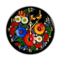 STPgoods Flower Petrykiv Painting Round Wooden Wall Clock 11.4" (29 cm) Analog Clock for Kitchen Home Office Bedroom Decor Kitchen Clock with Arabic Numbers Battery Operated Clock Floral Pattern Black