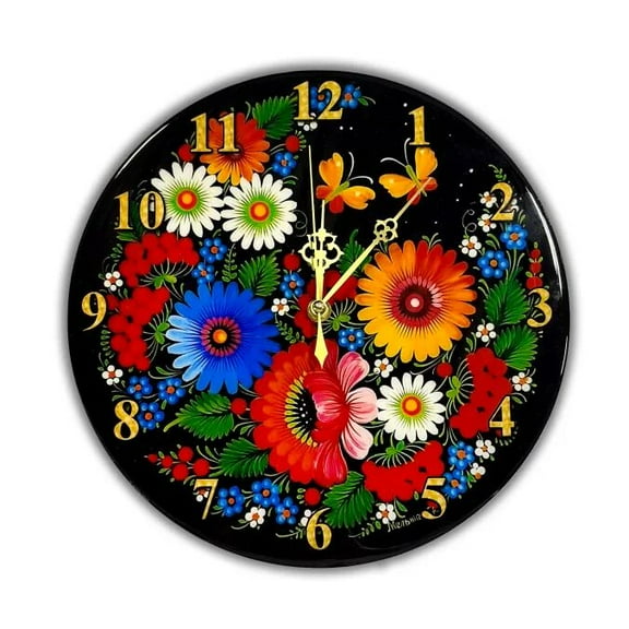 STPgoods Flower Petrykiv Painting Round Wooden Wall Clock 11.4" (29 cm) Analog Clock for Kitchen Home Office Bedroom Decor Kitchen Clock with Arabic Numbers Battery Operated Clock Floral Pattern Black