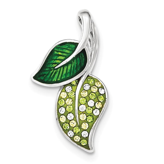 White Sterling Silver Charm Pendant Green Crystal Preciosa & Enameled Leaves