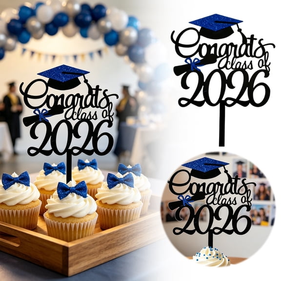 Graduation Cake Toppers 2026 Congrats Class Of 2026 Cake Topper Blue Glitter Graduation Cap & Diploma Cake 2026 Graduation Party Cake For Senior Grad High School/College Graduation