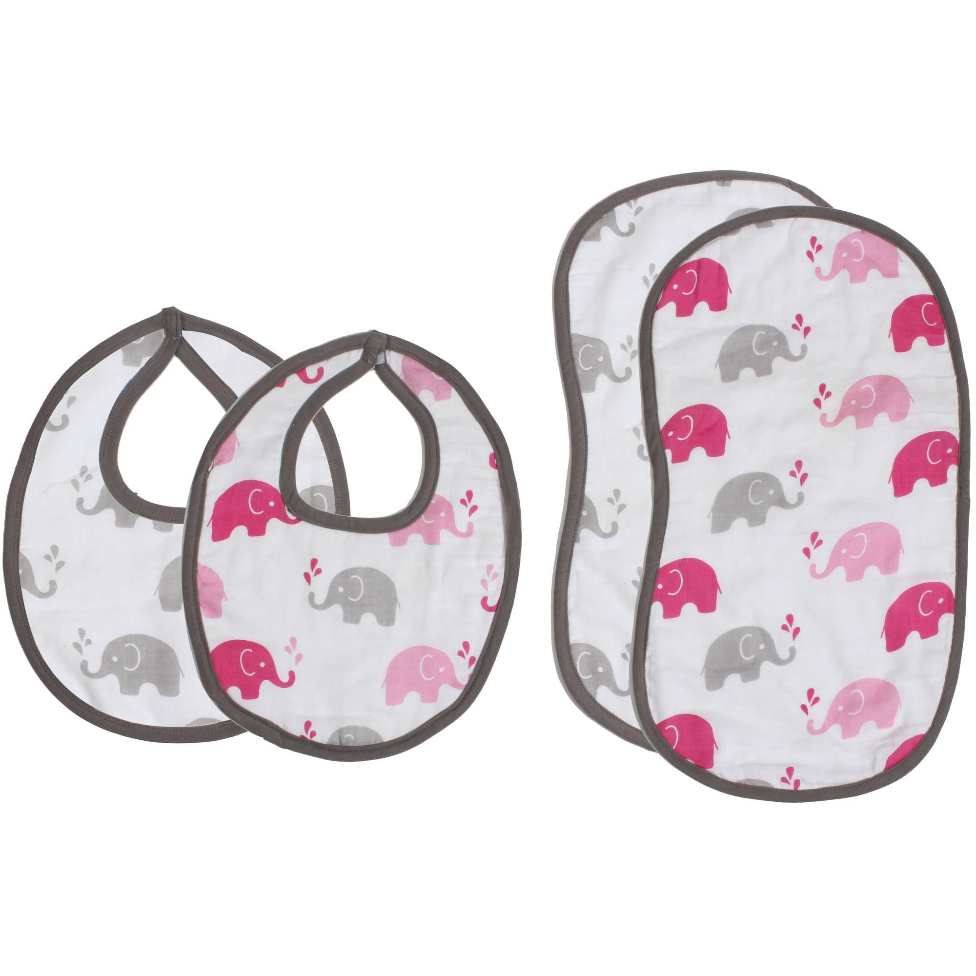Bacati - Muslin 4 pack Bibs/Burp Cloths Elephants Pink Fuchsia Gray