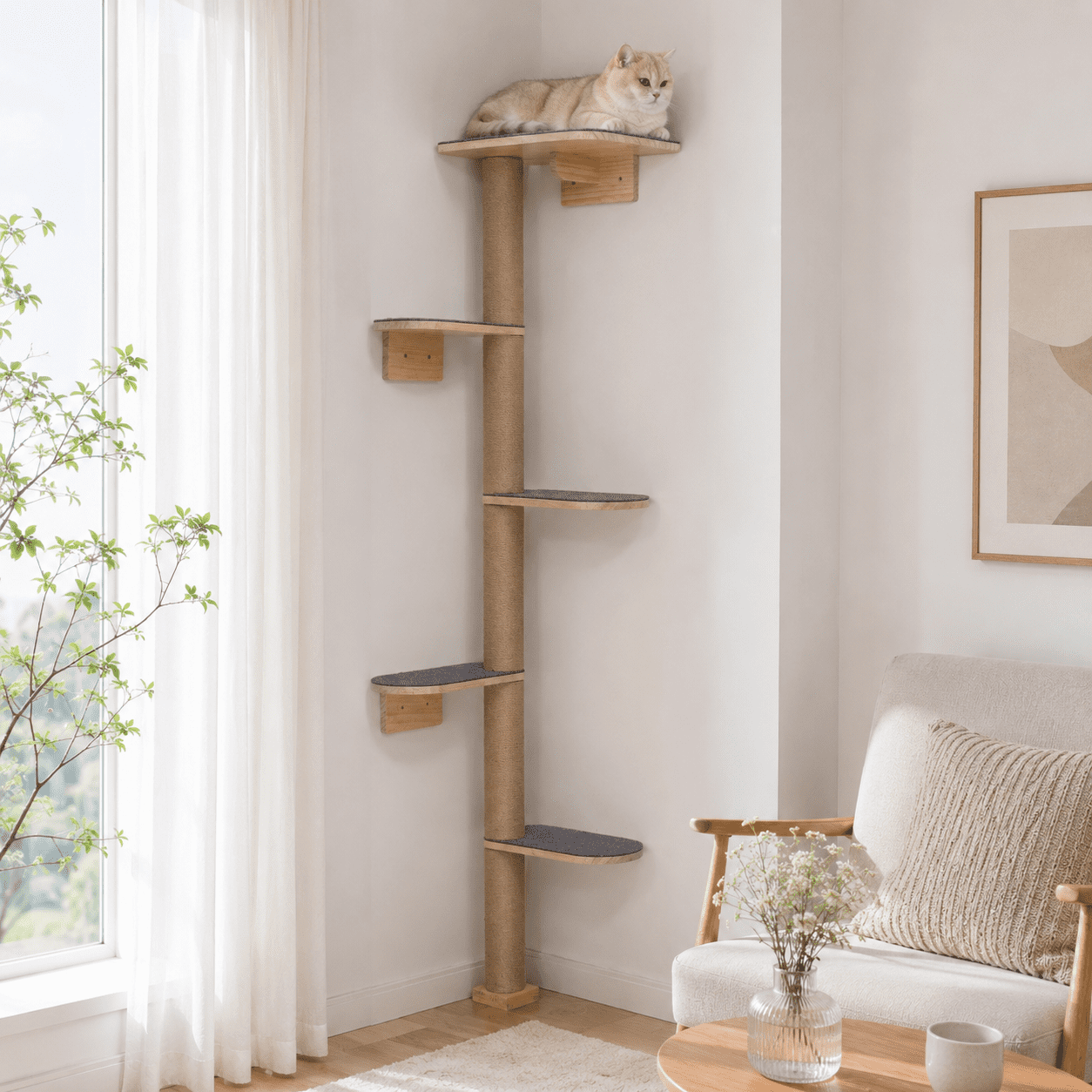 Peluomoz Gray Adjustable Floor to Ceiling Cat Tree with 5 Felt Platforms, Natural Pine Wood, 83 in