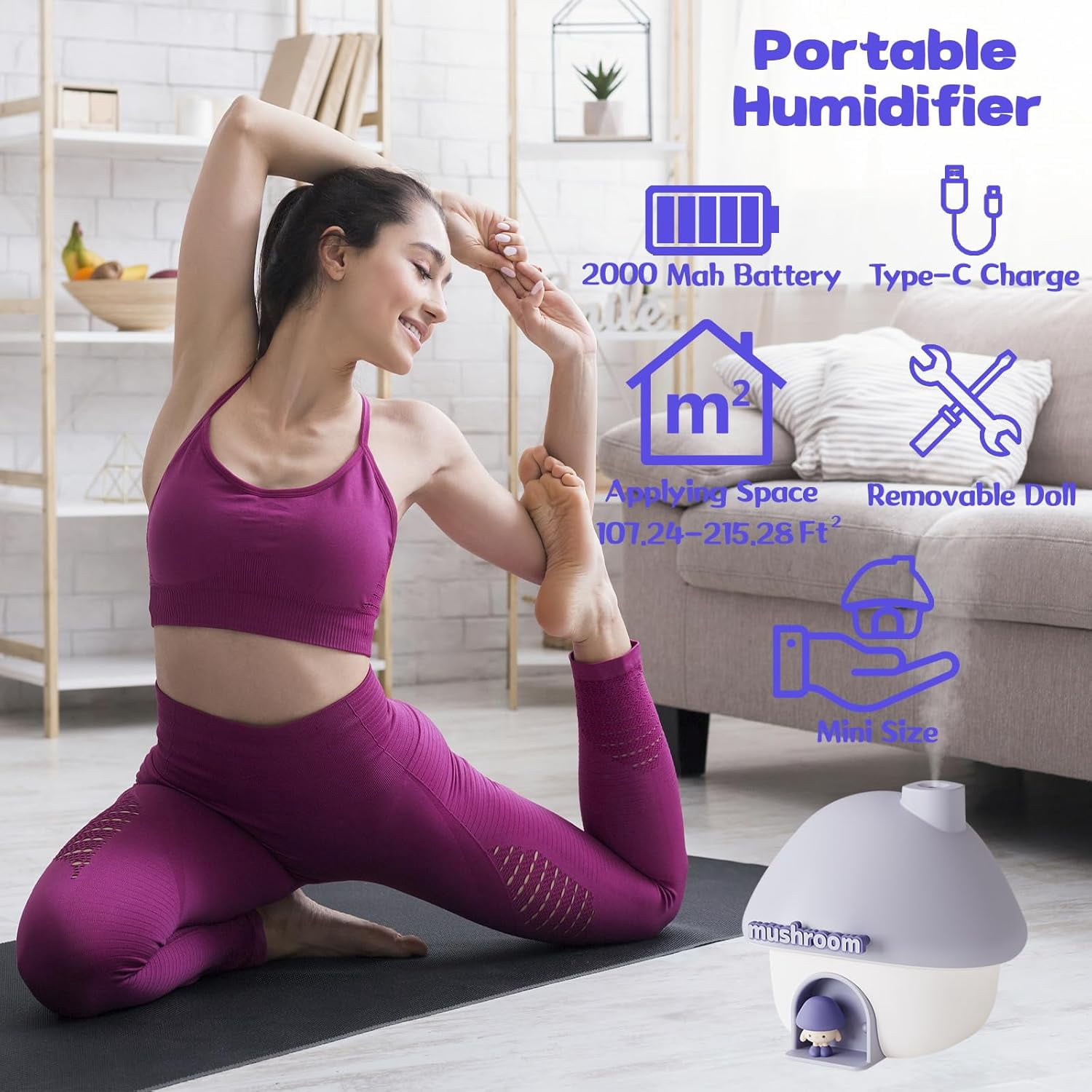 Small Humidifier for Bedroom, 300ML Pur House Mini Humidifier with 6 Colors Sunset Light, 2 Spray Modes Portable Baby Humidifier, Cute Rechargeable Mushroom Night Light for Kids
