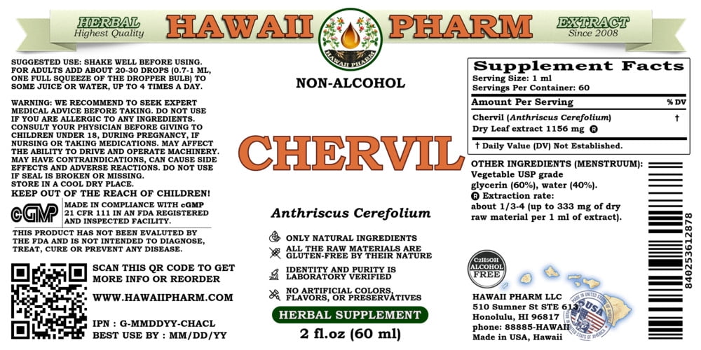 Chervil (Anthriscus Cerefolium) Dry Leaf ALCOHOL-FREE Liquid Extract. Expertly Extracted by Trusted HawaiiPharm Brand. Absolutely Natural. Proudly made in USA. Glycerite 2 Fl.Oz