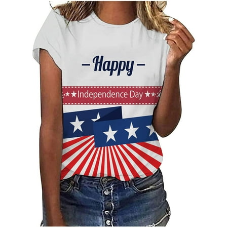 

July 4 Independence Day T Shirts for Women Crew Neck Short Sleeve Tunic Tops Summer Casualflag Printed Tees