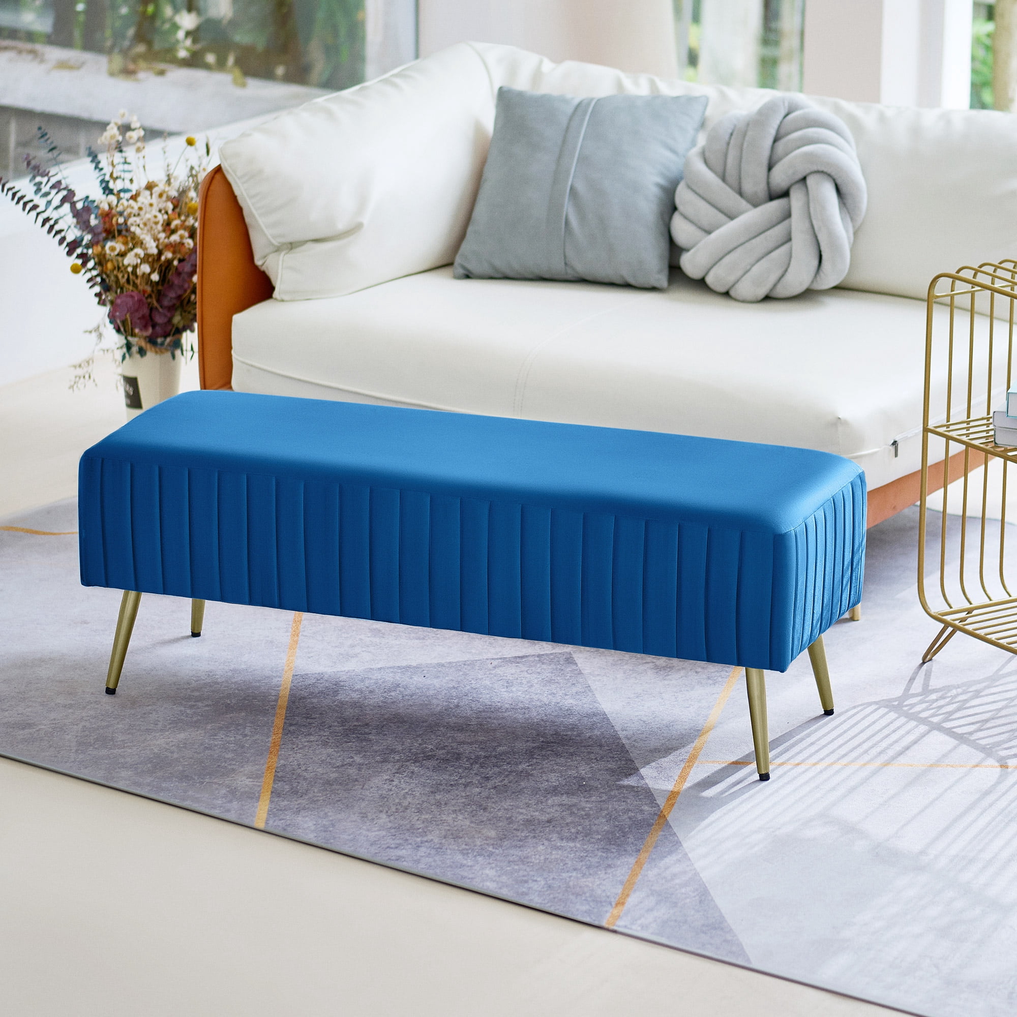 46" Upholstered Velvet Bench, Extra-Long Ottoman Footrest Stool with Padded Seat and Golden Metal Legs, Modern End of Bed Bench for Bedroom Entryway Living and Dining Room Hallway More, Blue