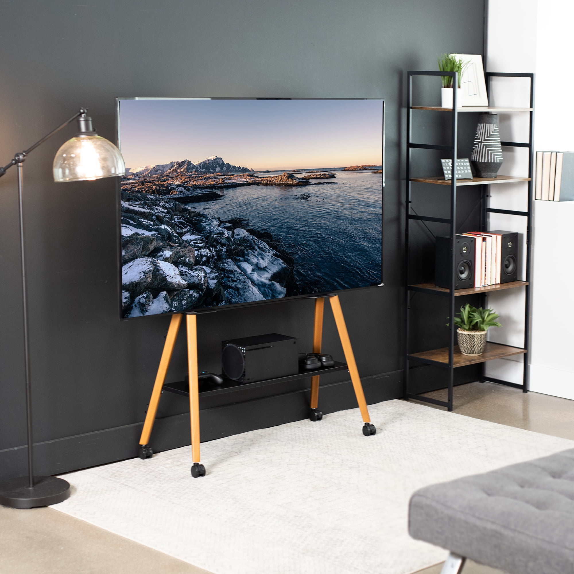 VIVO Rolling Easel Studio TV Floor Stand with Shelf, Fits 49" to 75" Screens