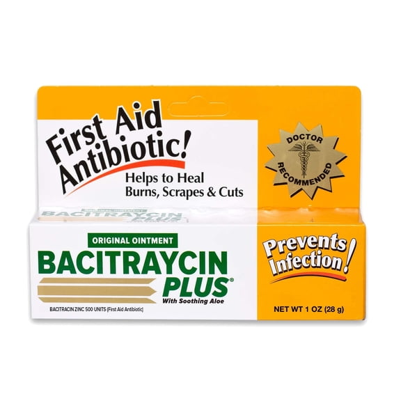 Bacitraycin Plus First Aid Antibiotic Wound Healing Ointment for Minor Cuts, Scrapes and Burns, with Bacitracin Zinc and Moisturizing Aloe Vera, Original, 1 oz, 2 Pack