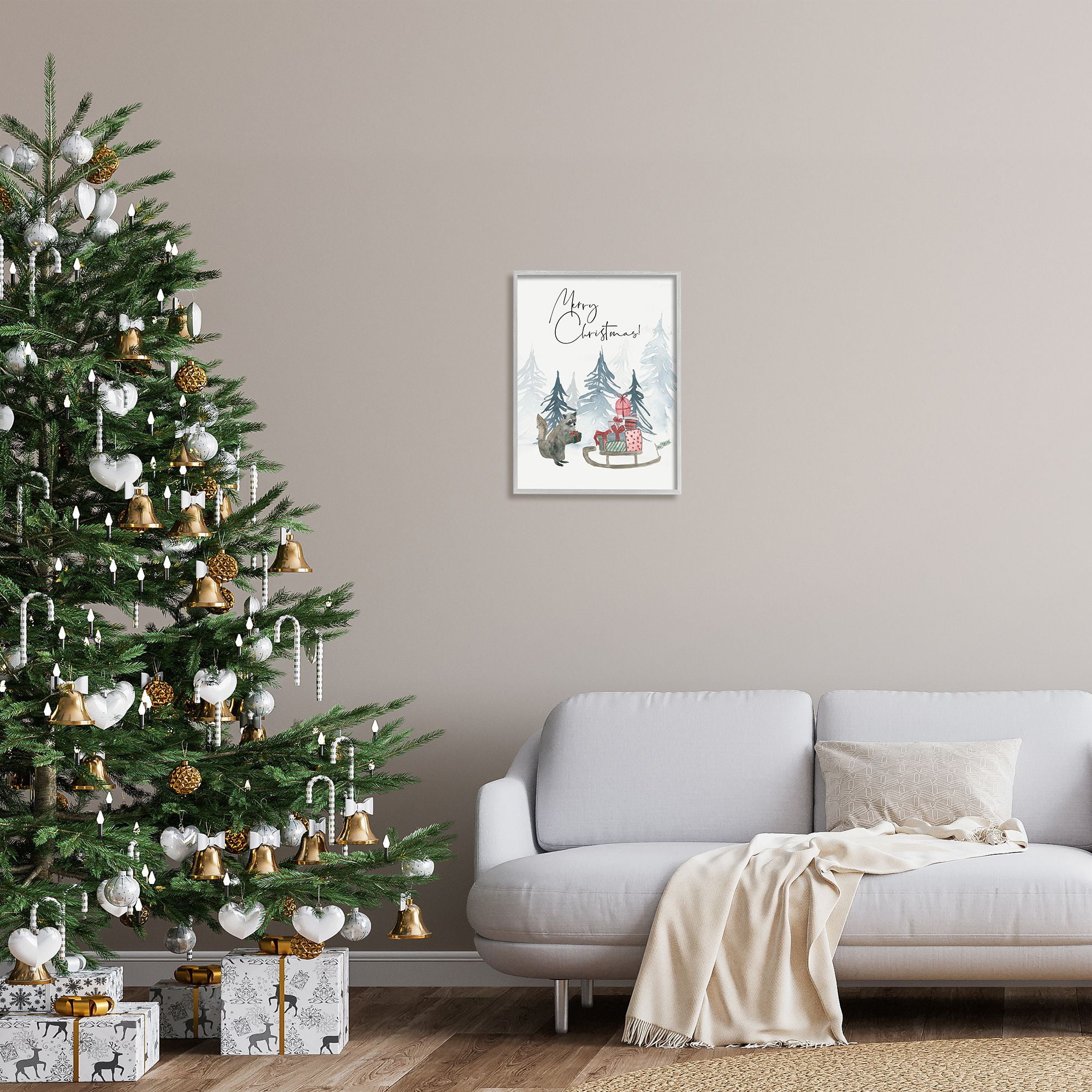 Stupell Indtries Merry Christmas Phrase Adorable Racoon Forest Present Sleigh,16 x 20,Design by Lucille Price