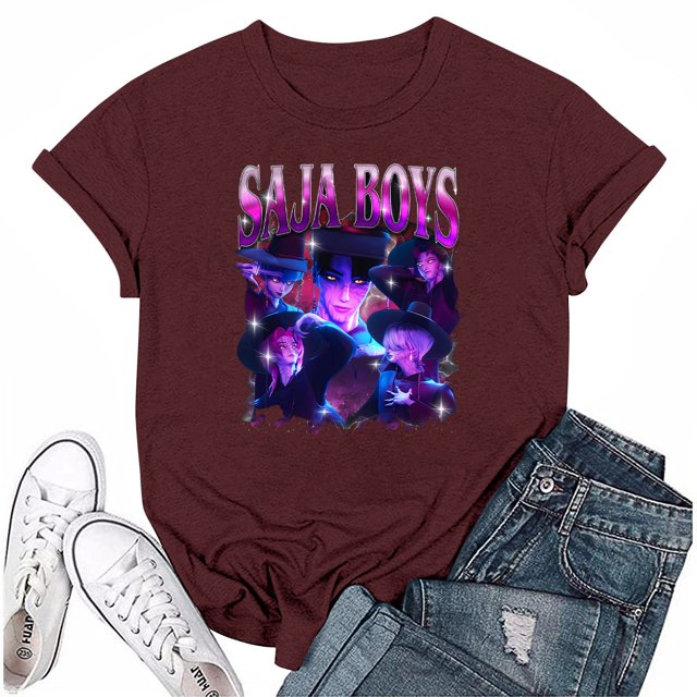 Nvse-KPop Demon Hunters Team T-Shirt – Unisex Short Sleeve Cartoon Graphic Tee for K-Pop and Movie Fans#Deep Red S