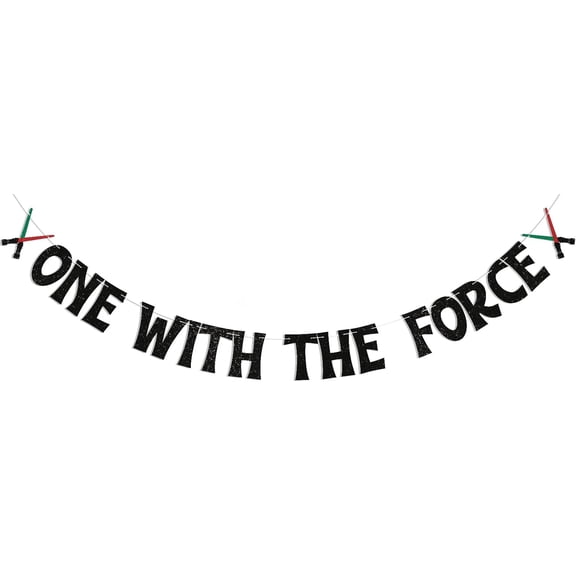 One With The Force Banner - Boy's 1st Birthday Decor, Jedi Birthday Sign, Jedi Theme Bday Party Supplies Black Glitter