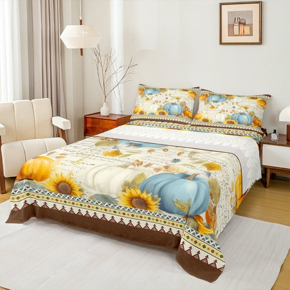 Castle Fairy Botanical Pumpkin 3Pcs Twin Sheet Sets for Women Men,Autumn Fall Harvest Twin Fitted Sheet,Thanksgiving Day Breathable Flat Sheet,Luxury Bedroom Decor