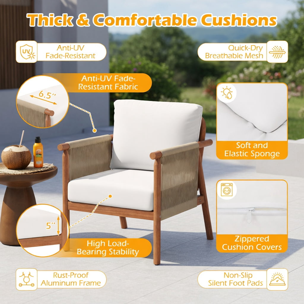 Hommoo Acacia Wood Patio Chair with Woven Rope Armrests, Outdoor Dining Chair for Backyard, Balcony, Porch, Ergonomic 106° Recline, White