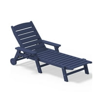 SERWALL Adjustable Wheeled HDPE Plastic Outdoor Patio Lounge Chair W/ Cup Holder,64.1"x25.1"x16.3", Navy Blue