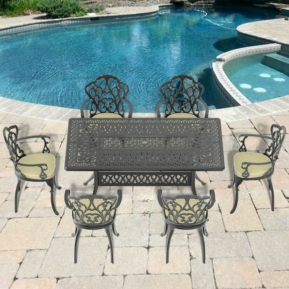 All-weather 5 Cast Aluminum Dining Furniture. Black Frame, Graceful Lines. 100% Build, . Ergonomic Seating. Pa66 Nylon Slip Pad. Easy Assembly Required. Seats 4. Rectangular Table With Umbrella