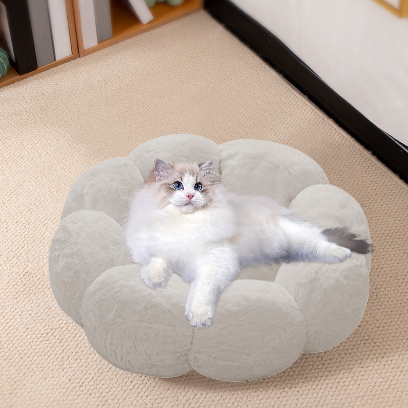 Nebwoak Round Cat Bed Warm Rounded Petals Calming Dog Cats Bed Cuddler Warming Cozy Soft Bed Faux Furs Cushion Bed for Small Medium Dogs and Cats