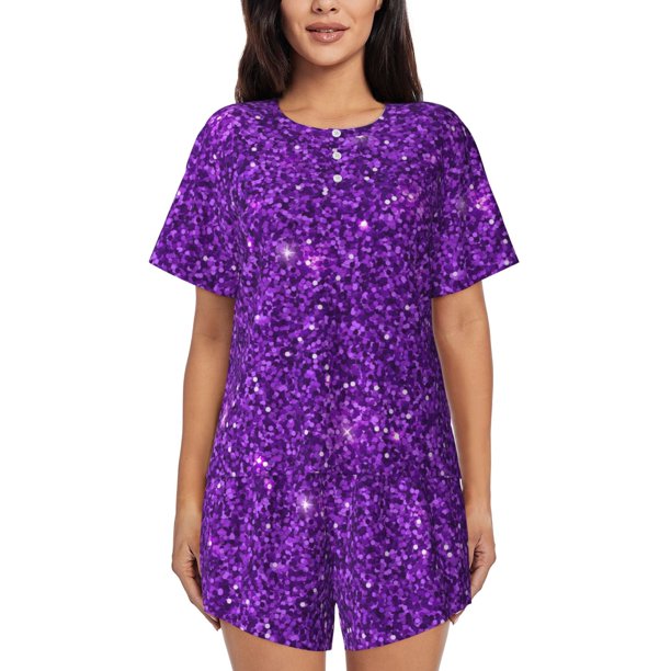 Fotbe Purple Glitter Conjunto de Pijama Estampado para Mujer, 2 Piezas, Ropa de Dormir con Camiseta de Manga Corta y Shorts Suaves-Large