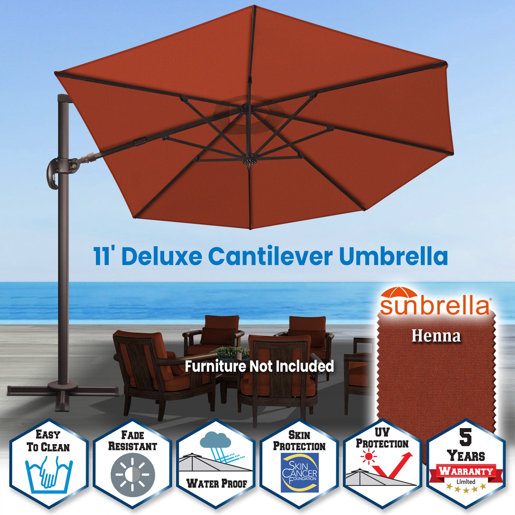 SUNRISEUMBRELLA Roma hanging umbrella Sunbrella Cover Patio Umbrella Garden Outdoor (11',Henna)