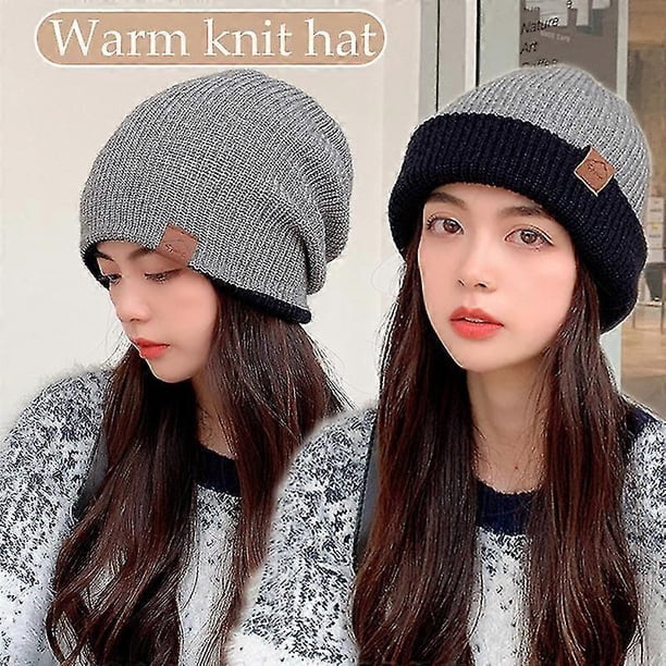 Knitted Hat Double Layer Thick Warm Contrast Color Wool Dome Hat Patch Age Reducing Hat for Women Men