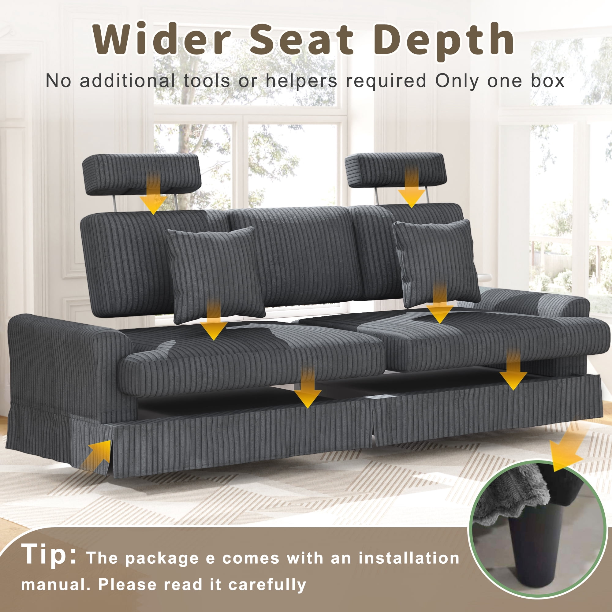 87.5" Corduroy Sofa Couch for Living Room, AAQZ 3 Seater Sofa in a Box, Headrest, 2 Pillows,Gray