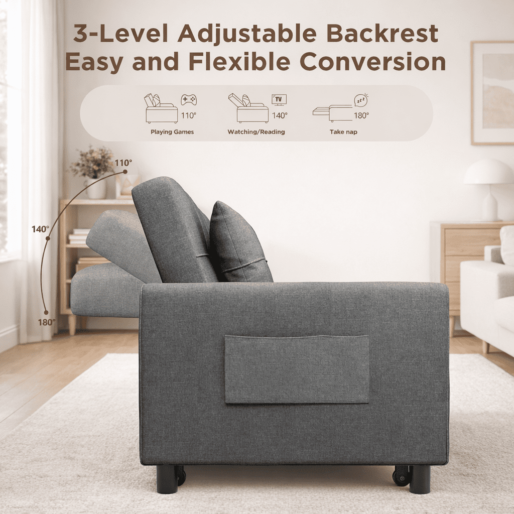 Convertible Sofa Bed, 3 Seater Sectional Sleeper Sofa with Adjustment Backrest & Side Pocket, Pull out Couch for Living Room, Bedroom, Apartment, Dark Gray