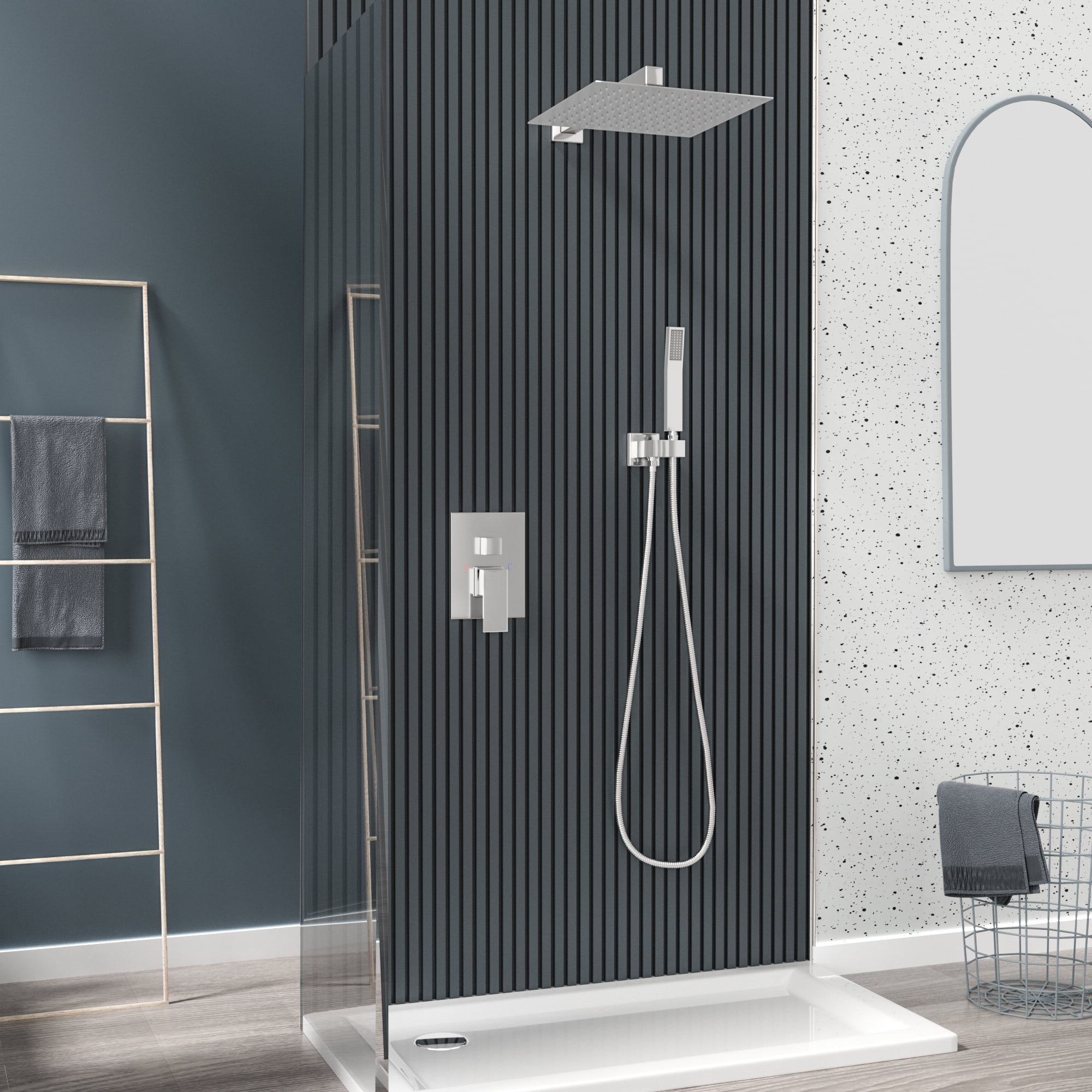 Logmey 10" Wall Mounted Pressure Balancing Dual Shower Rain Shower System with Rough-in Valve and Trim Kit, Brushed Nickel Stainless Steel Shower Head