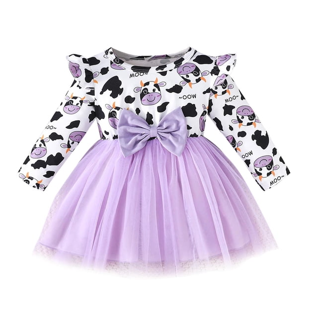 Odeerbi Niñas Vaca Imprimir Tul Vestido Ruffle Manga Larga Cuello Redondo Patchwork Malla Vestido