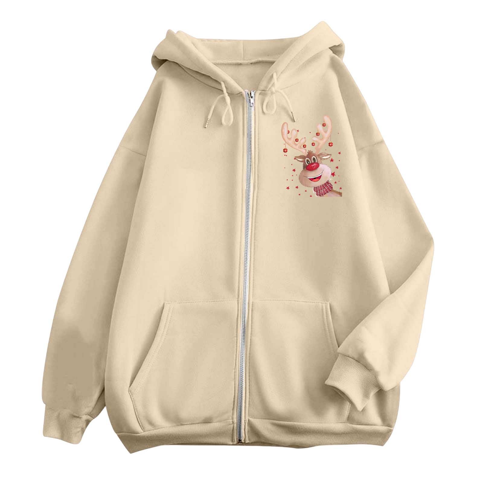 Ugly Christmas Hoodies for Women Zip Up Xmas Graphic Print Fleece Hooded Sweatshirts Funny Holiday Party Casual Jackets