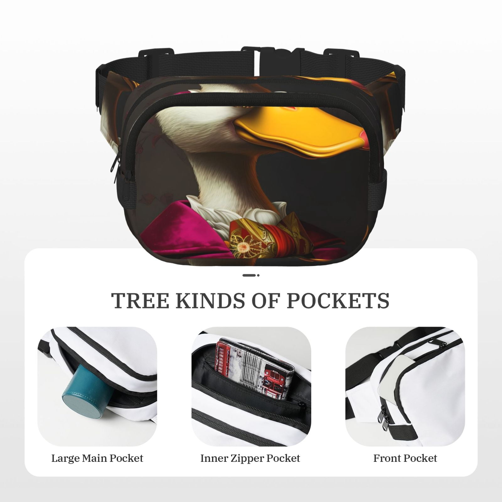 Picia Noble Style Duck Print Square Double-Layer Waist Bag Mini Adjustable Waist Belt Bag Exercise Running Travel Hiking