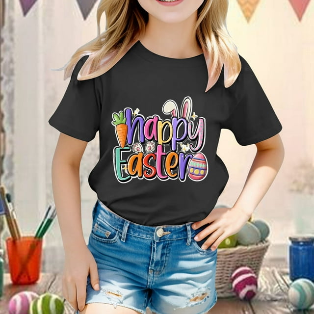 iTNHFP T-Shirts & Blouses pour Filles, Graphique Mignon de Pâques, Col Rond, Manches Courtes, T-Shirt Décontracté d'Été 10798