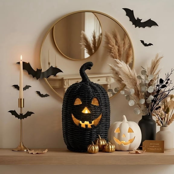 QLUEWX Black Seagrass Pumpkin Halloween Decoration, 11.8" Handcrafted Woven Pumpkin Jack-o'-lantern, Halloween Decorative Lantern for Indoor Home Party