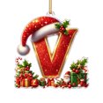 thumbnail image 2 of LEFXSMR Christmas Letter Ornaments, Red Initial Ornaments with Santa Hat Gift, Letters Christmas Decorations for Christmas Tree Party Supplies, V, 2 of 2