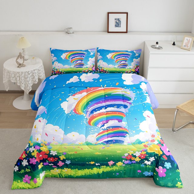 Erosebridal Rainbow Tornado Bedding Queen Comforter Set, Flower Floral Down Comforter, Cartoon Room Decor, Reversible 3pcs