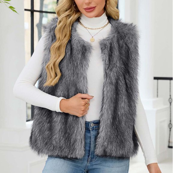 ClodeEU Women's Winter Faux Fur Vest,Long Sleeve Shaggy Warm Sleeveless Outerwear ,Fall Winter Plush Vest Dark Gray,Womens Plus XXXL