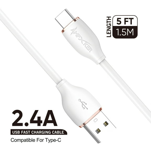 Cable for USB to Type C, 2.4A Fast Charging Thick TPE Cable Charger Data Transfer Cord (1.5M / 5FT) USB Type C White / Rose Gold