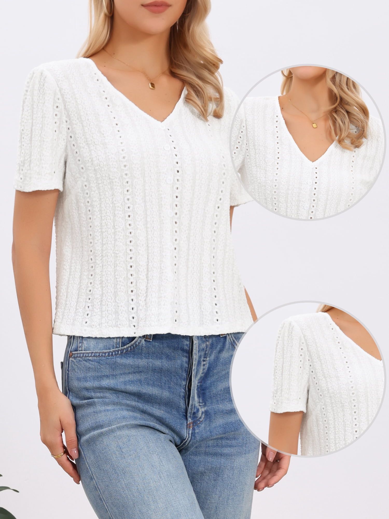 DARING DIVA Women's Cute V Neck Tops Eyelet Texture Short Sleeve Button Blouse XS White