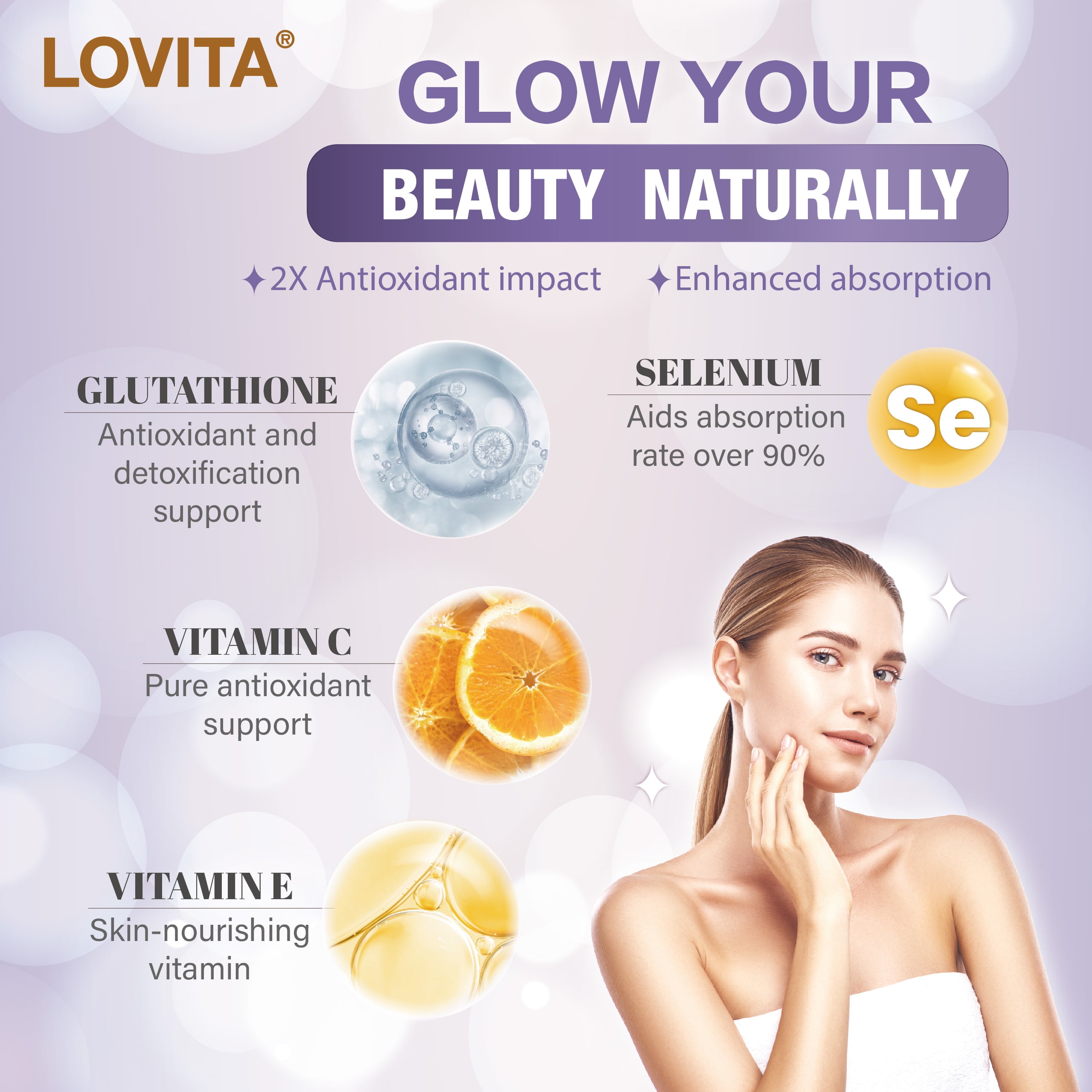 LOVITA Glutathione Complex 500mg for Radiant Skin & Immunity Support | 99.8% Purity with Vitamin C, Selenium & E, Vegan, Non-GMO, Gluten-Free 60 Vegetarian Tablets