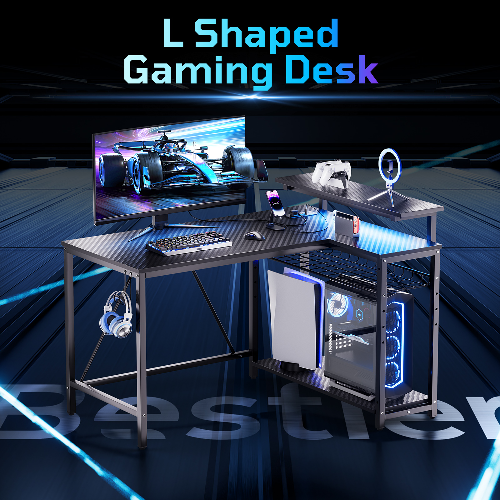 RSPGAME 42" L-Shaped Gaming Desk with LED Lights, Black photo 8