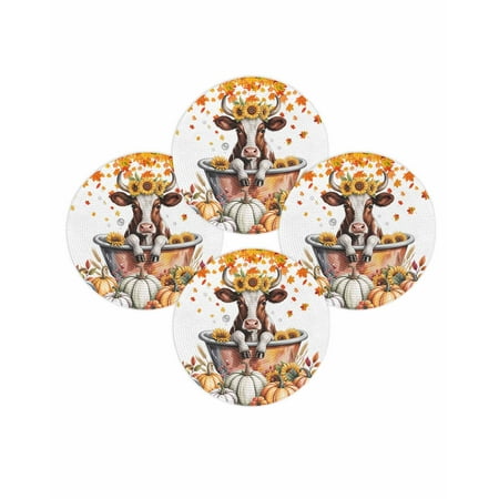 Fall Round Placemats Set of 4 Funny Cow Bathtub Place Mats Thanksgiving Woven Placemat Sunflower Pumpkin Maple Leaf Circle Braided Table Mat for Kitchen Dining Table Autumn Party Home Decor 15 Inch