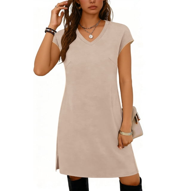 TaTaai Women's V-Neck Sleeveless Midi Dress Solid Color Loose Fit Casual Dress with Side Slit Lightweight Polyester Summer Wear Gift