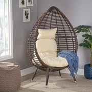 GDF Studio Ruweyda Outdoor Wicker Teardrop Basket Chair with Cushion, Multibrown and Beige