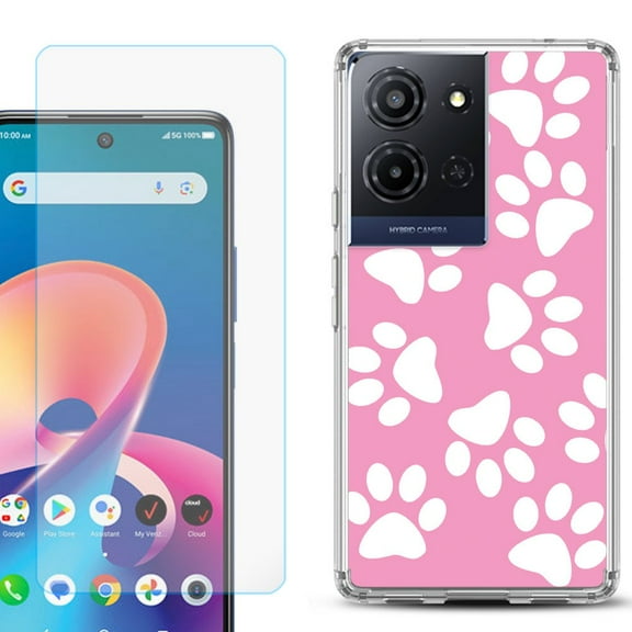 For TCL K32 5G Protective Shockproof Phone Case with Tempered Glass Screen Protector, by OneToughShield - Pet Paw/ Pink