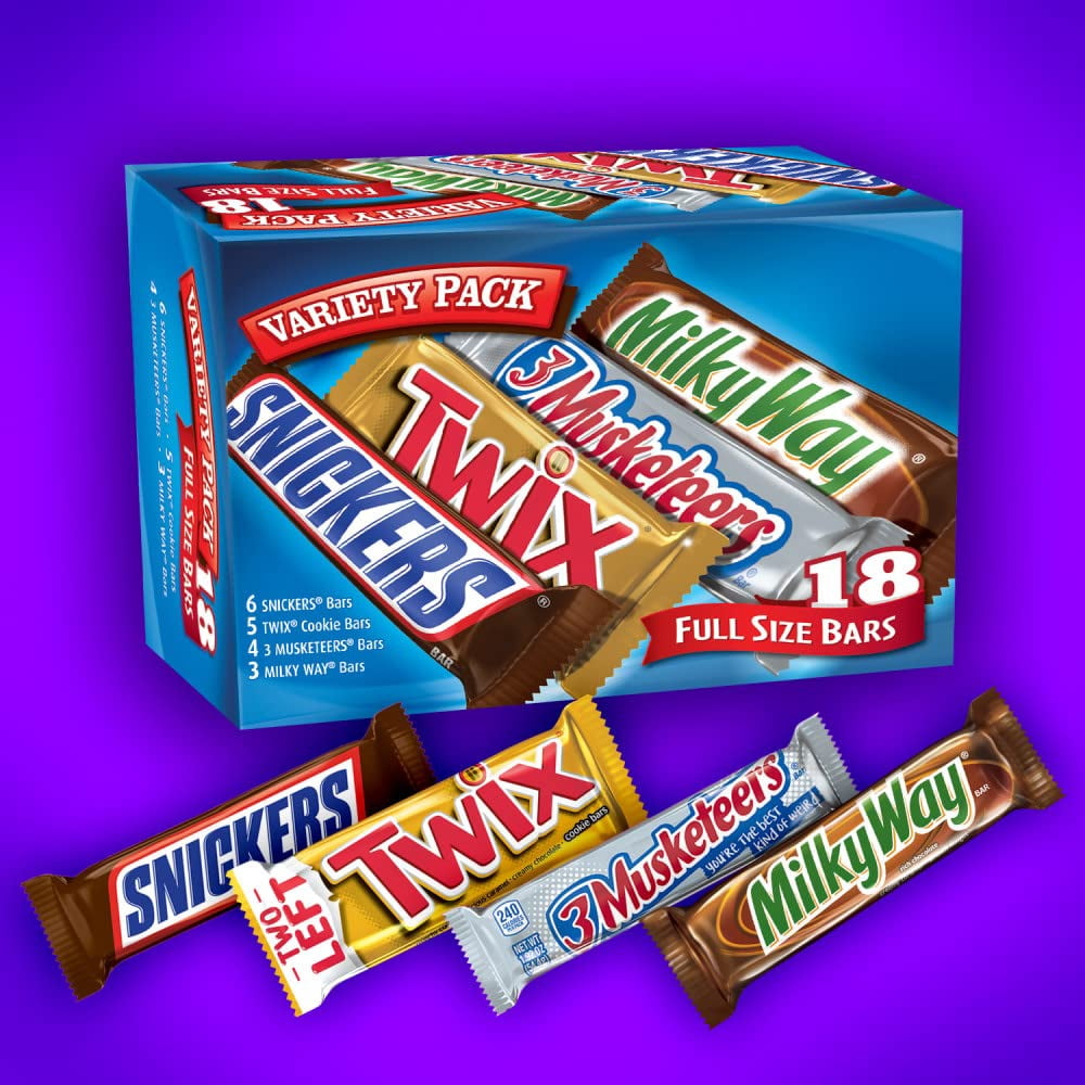 SNICKERS, TWIX, 3 MUSKETEERS & MILKY WAY Full Size Chocolate Candy Bars Assorted Variety, 33.31 Oz, 18 Ct