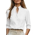 thumbnail image 2 of VBVC Women's Linen Stand Collar V Neck Blouse, Ladies' Long Sleeve Work Shirt, Elegant Office Top For Women, White , S-2XL, 2 of 7