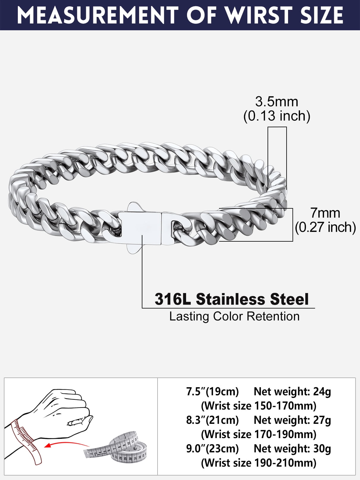 Bandmax 7MM Cuban Chain Bracelet for Men 9" Stainless Steel Hand Bracelets Gift with Card To Son Graduation Birthday Father's Day