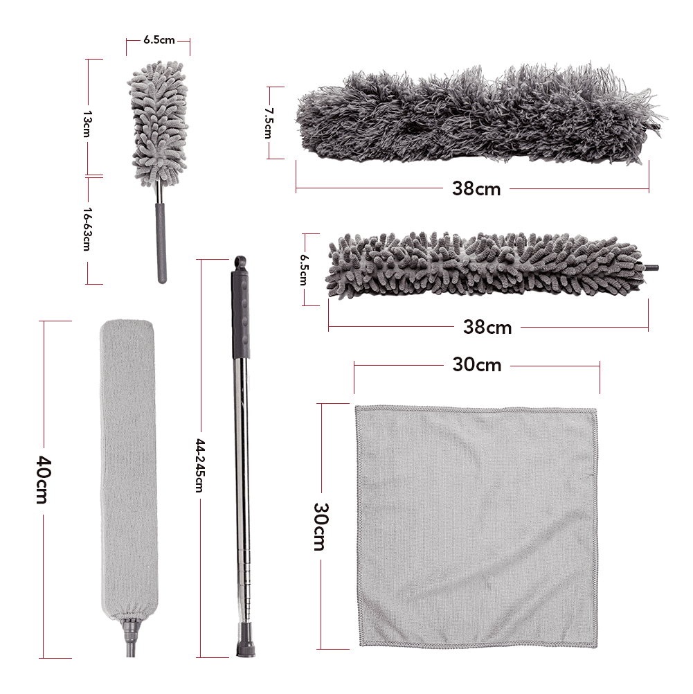 OVENTE Microfiber Duster Cleaning Set with Stainless Steel Extension Pole Up to 96", Washable, Reusable and Bendable Dusters for High Ceiling Fans, Blinds, Furniture, Cobweb and Cars, Grey CTD1526GY