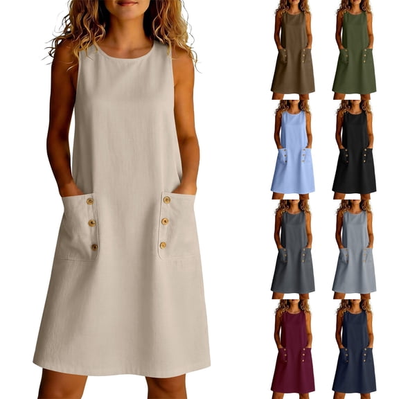 Lovzfmll Women's T-Shirt Dress, Crew Neck Sleeveless with Button, Casual Linen Mid-Length Dress Beige, S