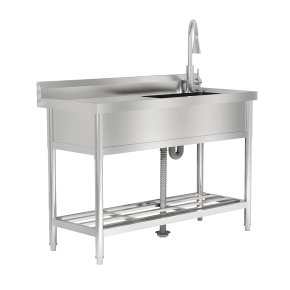 Stainless Steel Utility Sink, Free Standing Single Bowl Kitchen Sink with Cold and Hot Water Pipe and Faucet, Washing Hand Basin for Laundry Room Kitchen Restaurant Garage Garden Backyard